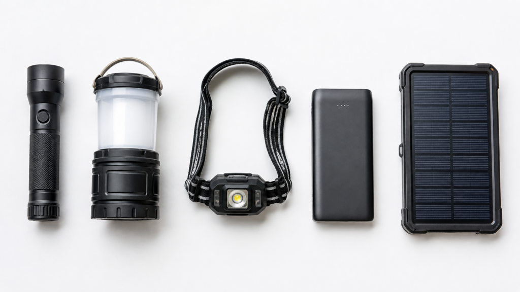 懐中電灯やランタン、モバイルバッテリーなど停電時の明かりと電源を並べたイメージ