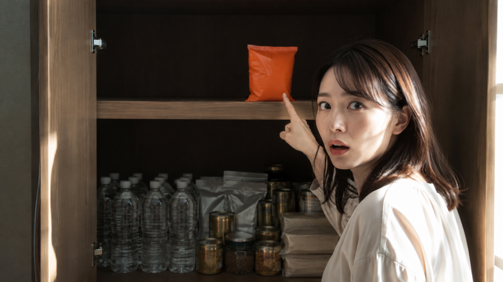 水や食料は備えているが携帯トイレが不足している家庭の収納のイメージ