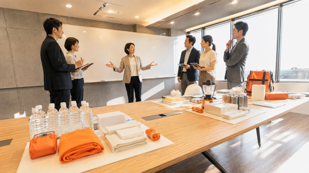 単価帯ごとの防災グッズを前に配布計画を議論する会議のイメージ