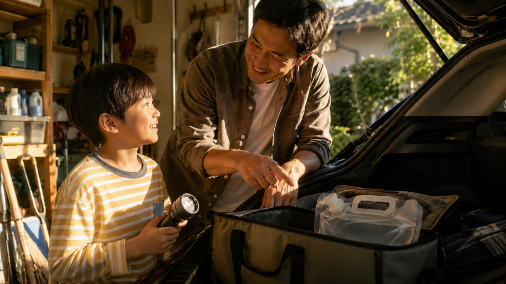 親子で車載用の防災グッズを確認しているイメージ