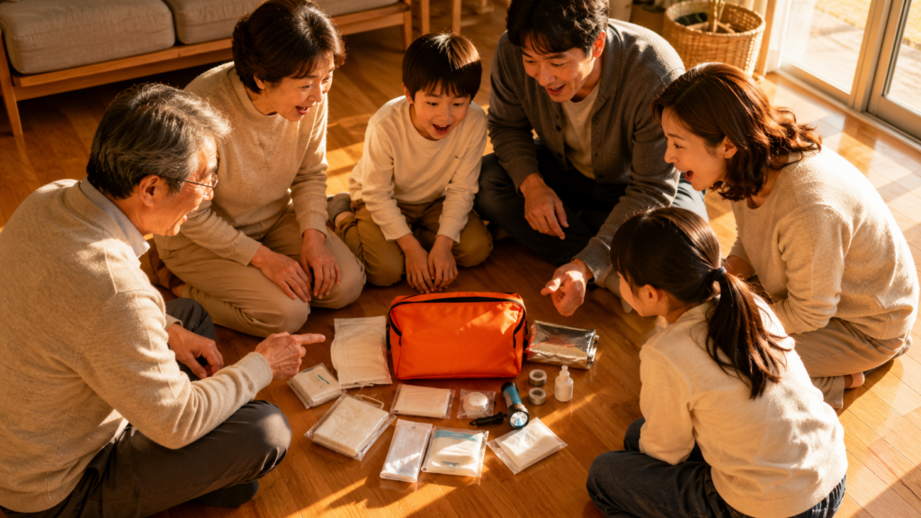 家族で防災グッズの中身を広げて確認する様子のイメージ