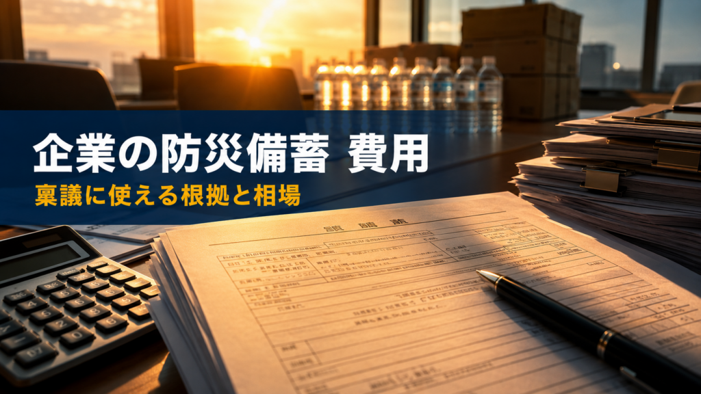 稟議書と電卓の奥に保存水と保存食が並ぶ、企業の防災備蓄費用を表すイメージ