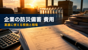 稟議書と電卓の奥に保存水と保存食が並ぶ、企業の防災備蓄費用を表すイメージ