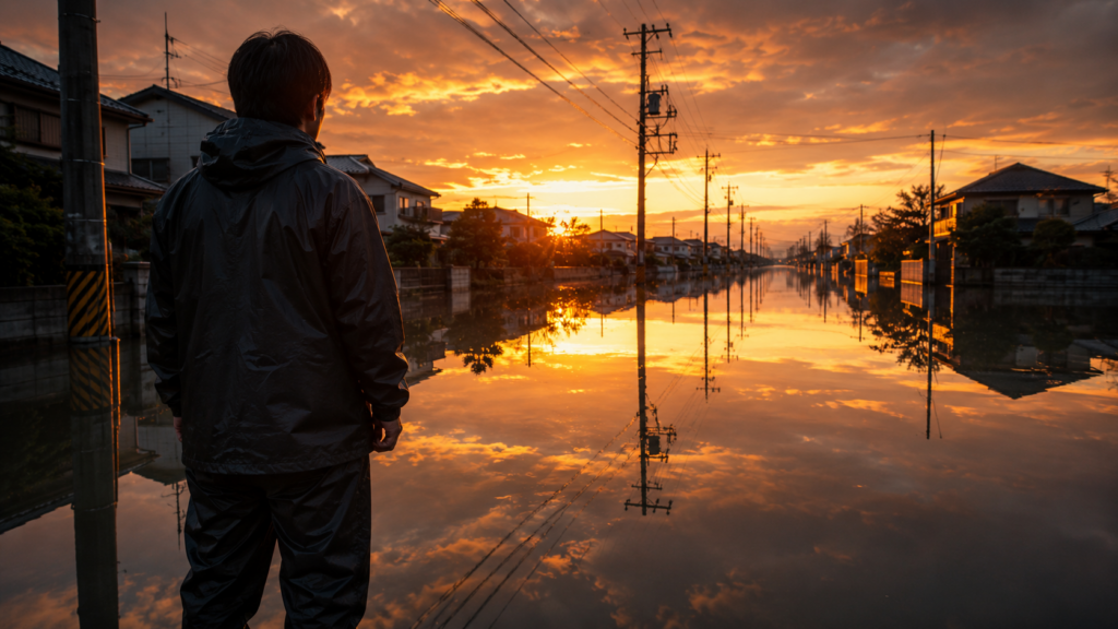 冠水した道路の手前で立ち止まり水面を見つめる人の後ろ姿のイメージ