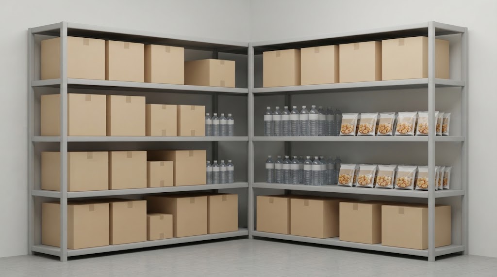 企業や家庭の備蓄品を保管する棚のイメージ
