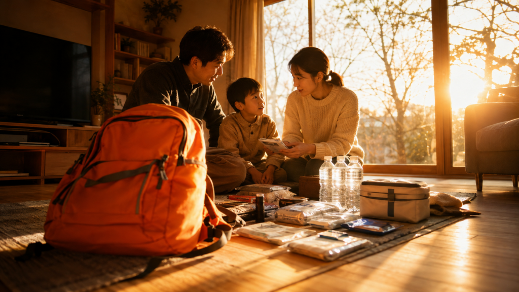 夕暮れのリビングで家族が防災リュックと備蓄品を広げて話し合うイメージ