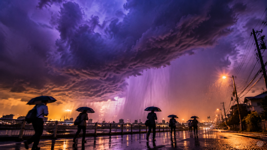 低く垂れ込めた雨雲の下を人々が傘をさして歩く豪雨当日のイメージ