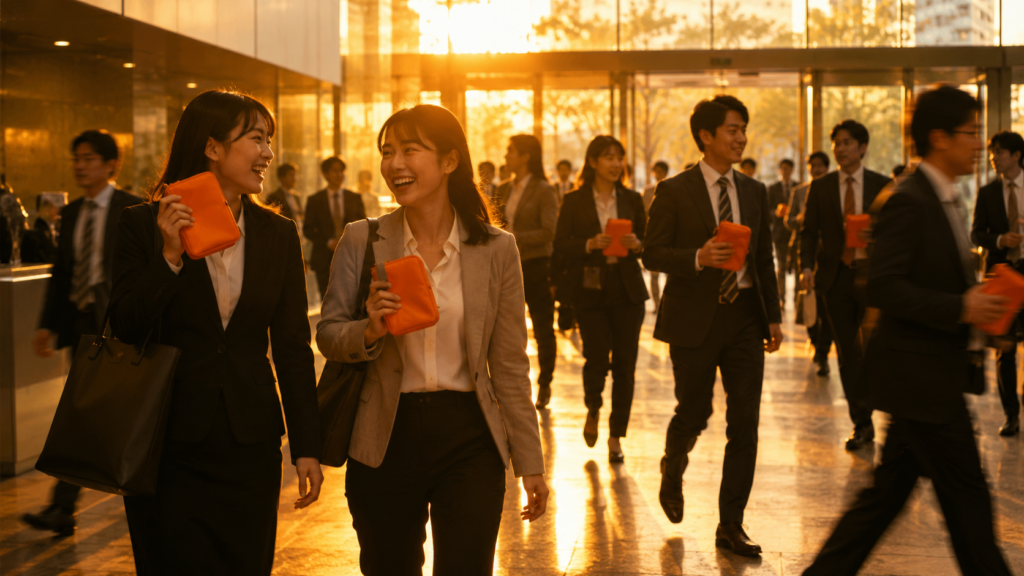 退勤時に片手で持ち帰れる防災グッズを配布された社員たちのイメージ