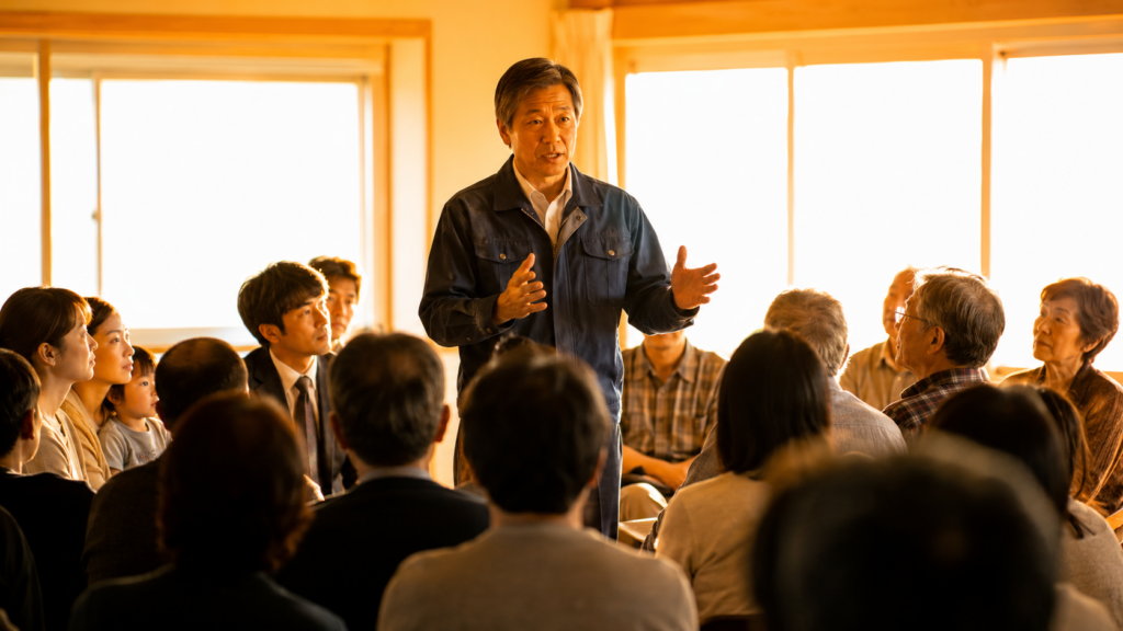 公民館で防災士の説明を多くの住民が聞いている防災講習のイメージ
