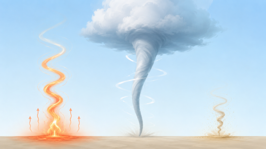 火災旋風・竜巻・つむじ風の発生源の違いを比較したイラスト
