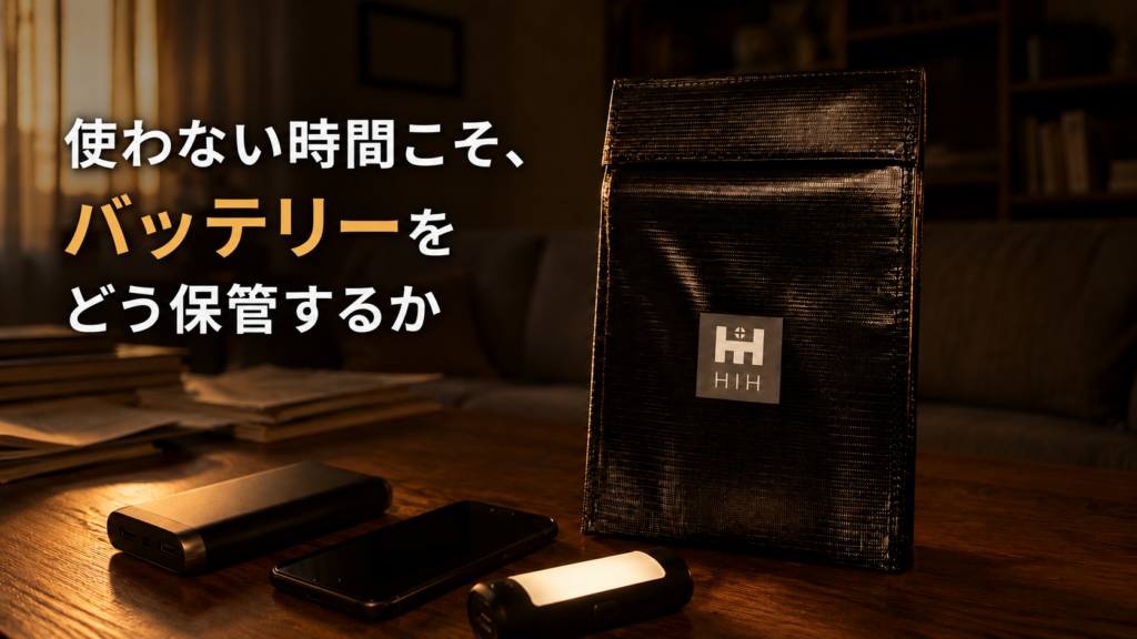 HIH耐火収納バッグとモバイルバッテリーを置いた夕暮れのリビング