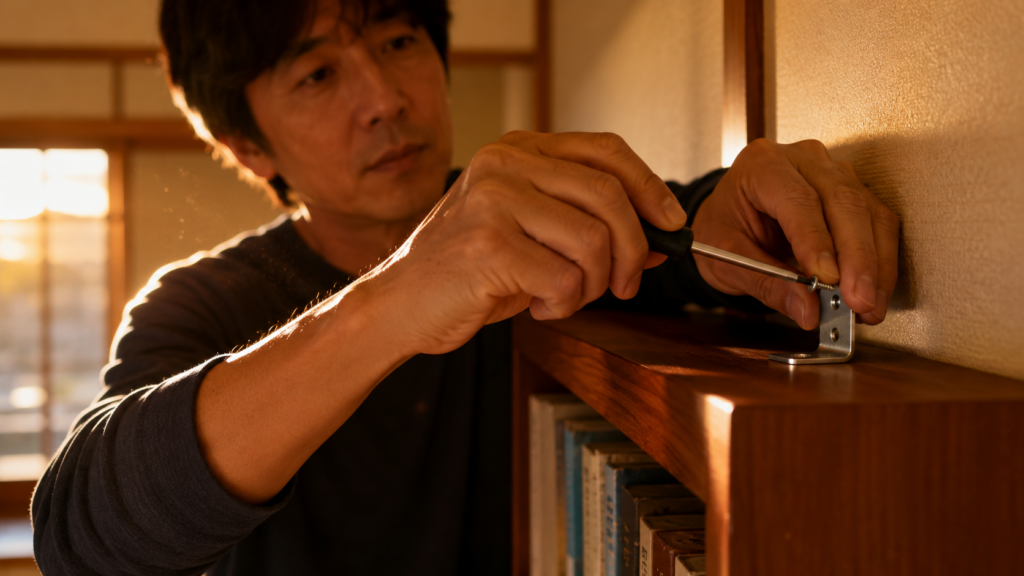 背の高い家具を金具で壁に固定している手元のイメージ