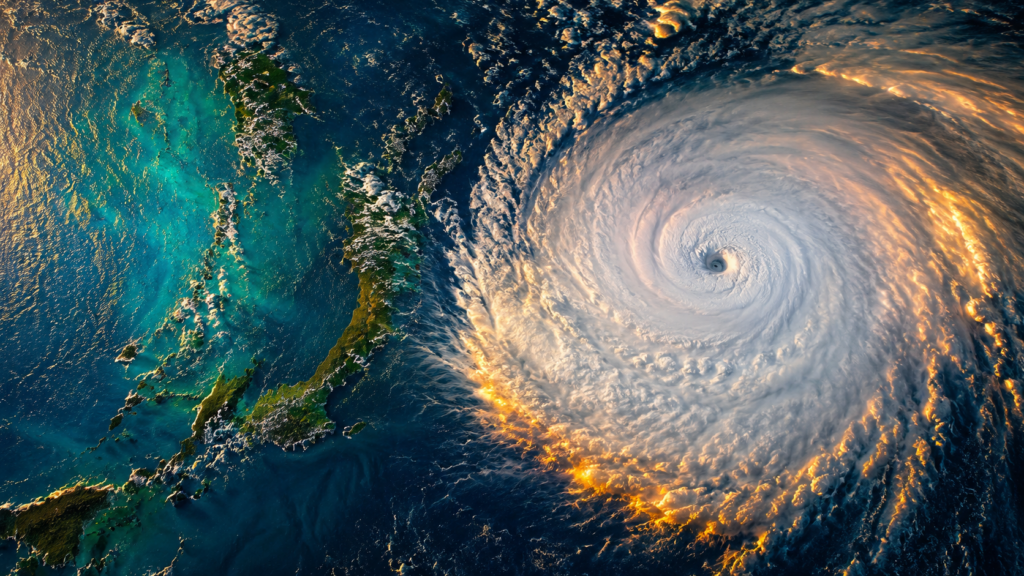 日本の南海上で発達した台風の渦を宇宙から見たイメージ
