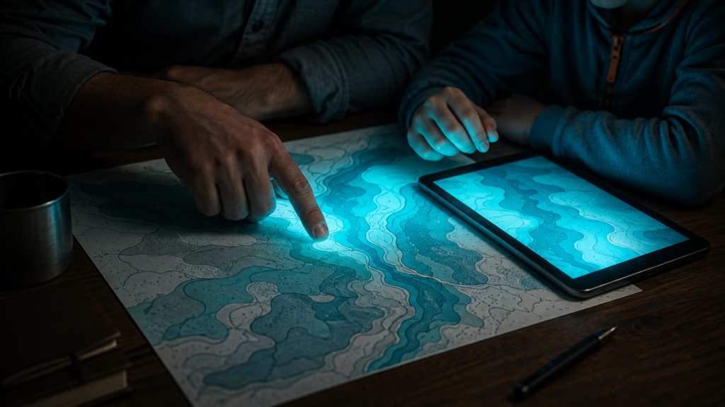 紙の地図とタブレットで自宅周辺の災害リスクを調べる様子のイメージ