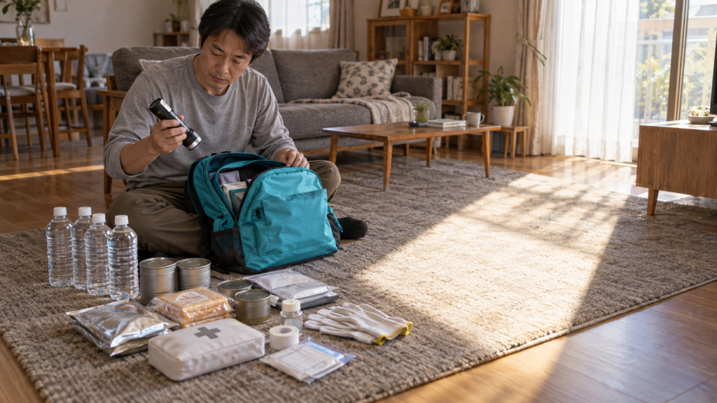 リビングの床に防災リュックの中身を広げ、足りない備えを点検する男性