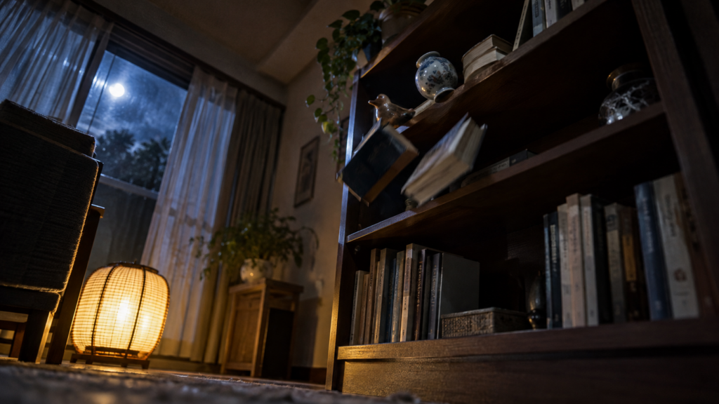 停電した暗い部屋で、本棚の上から小物が落ちかけている瞬間