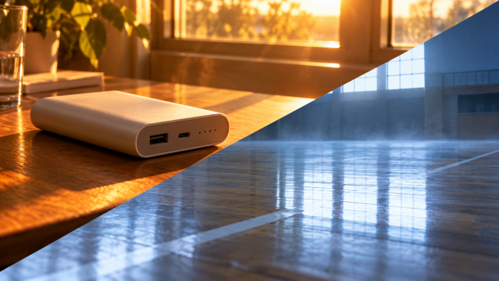 西日の当たるモバイルバッテリーと、冷たい体育館の床を対比させたイメージ