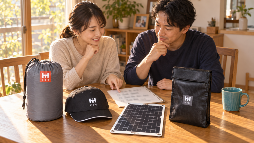 ダイニングテーブルにHIHの防災グッズを並べ、備えを話し合う夫婦