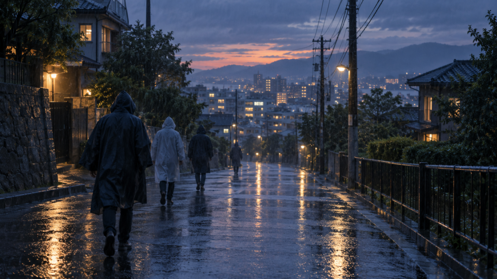雨の中を避難場所へ向かって静かに歩く人々の後ろ姿のイメージ