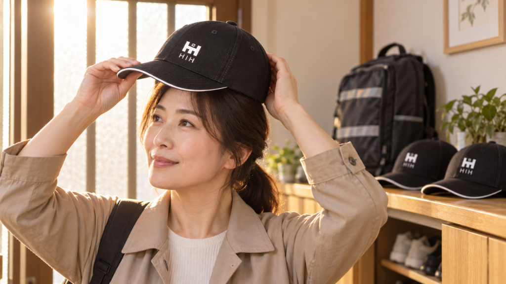 朝の玄関でHIHボウメットをかぶろうとする女性