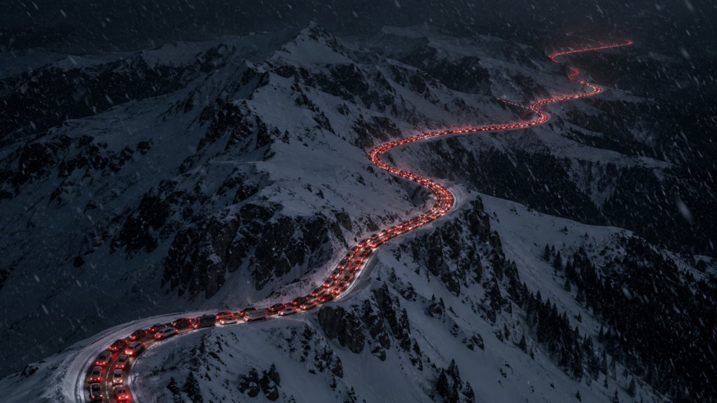 吹雪の夜に雪山の坂道で長い車列が立ち往生しているイメージ
