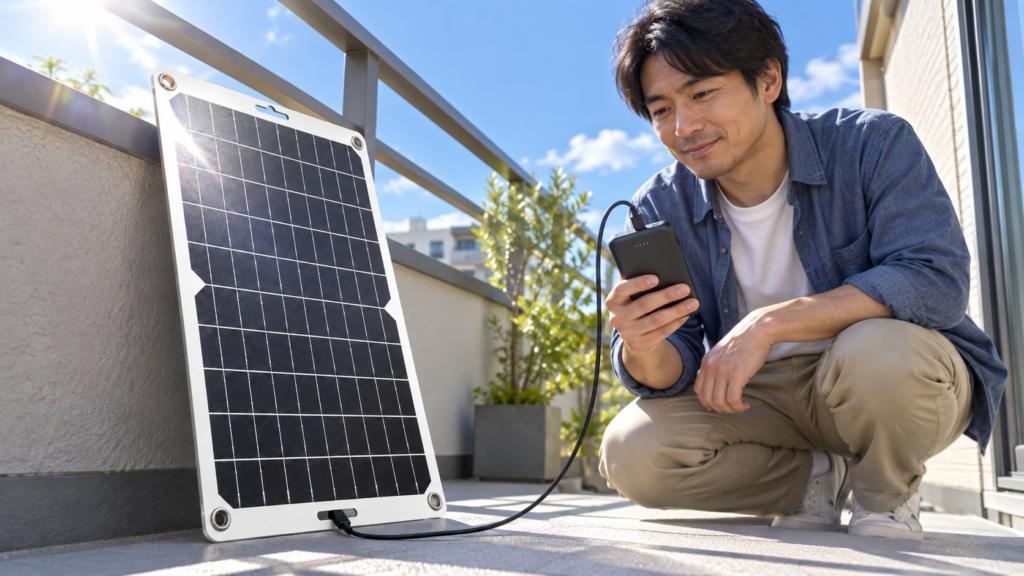 晴れたベランダでHIHソーラーパネルからモバイルバッテリーを充電する男性