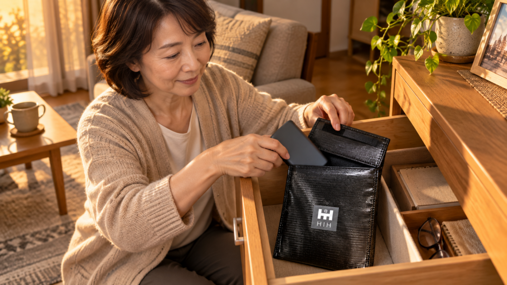 リビングの引き出しでHIH耐火バッグにモバイルバッテリーをしまう女性