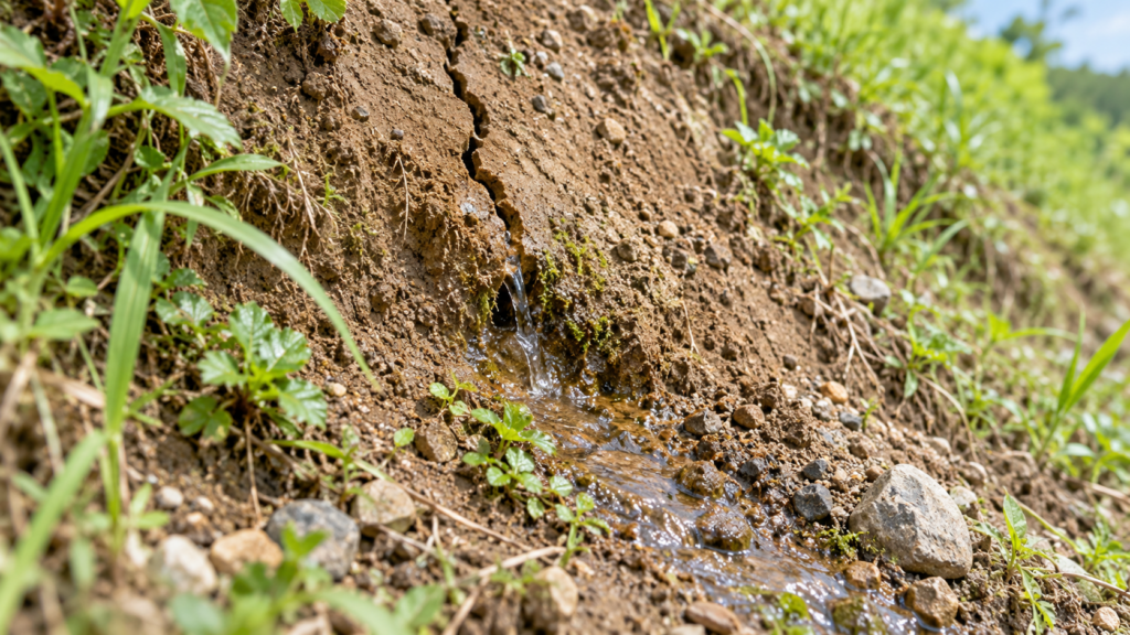 斜面にできたひび割れと湧き水という、土砂災害の前兆現象を捉えたイメージ