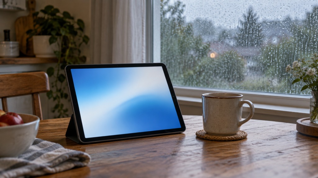 毎朝タブレットで天気を確認する習慣を表す室内の写真