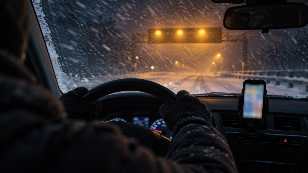 吹雪の中を走る車内から前方の道路情報板を確認するドライバーのイメージ