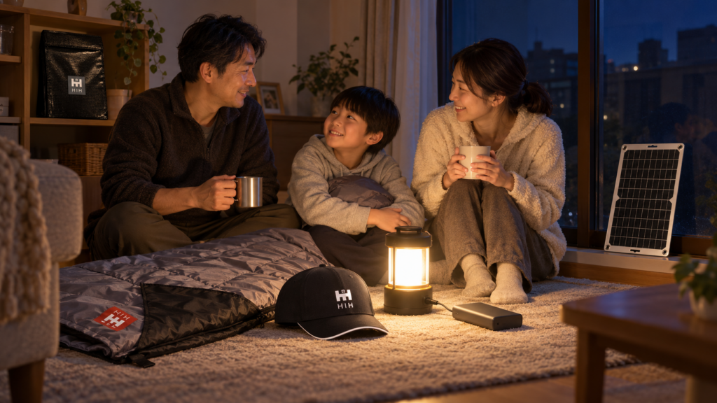 停電の夜、ランタンの明かりを囲んでHIHの防災グッズとともに過ごす家族
