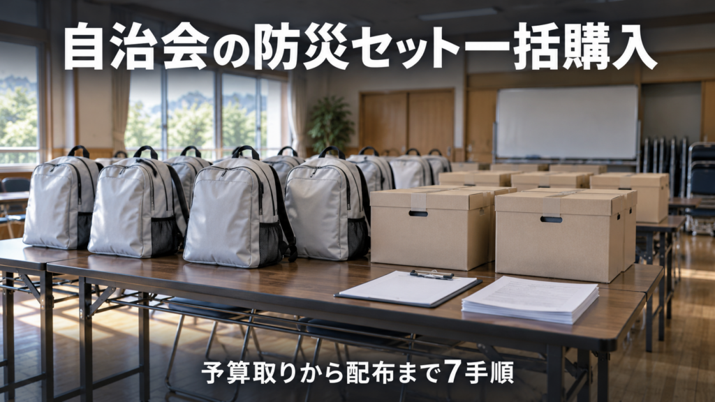 自治会の防災セット一括購入の手順を解説する記事のアイキャッチ画像