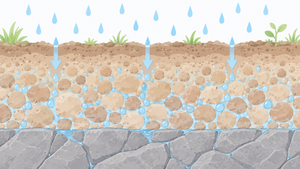雨水が土の中にしみ込み地盤が緩んでいく仕組みを示した断面図解