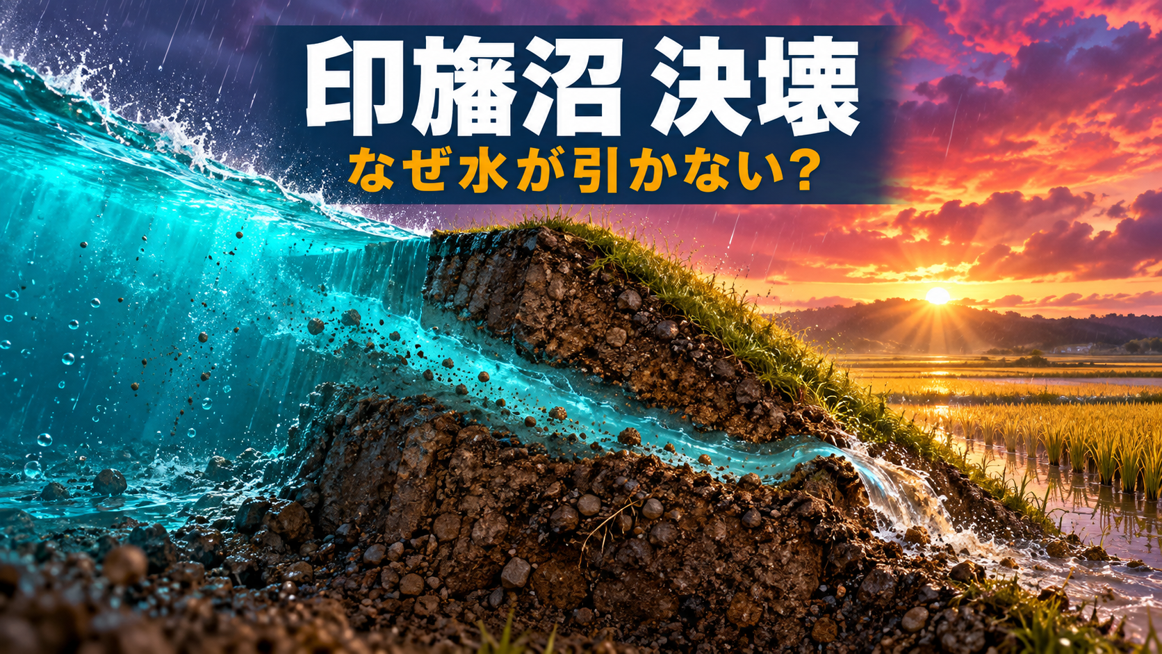 印旛沼の堤防に水がしみ込み、内部に水の通り道ができて崩れる仕組みを表した断面イメージ