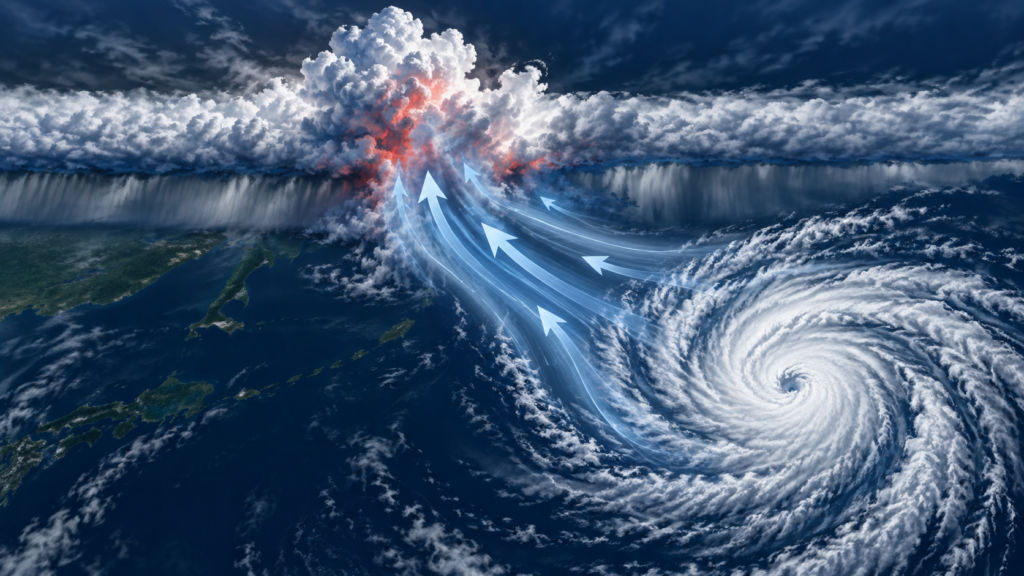 台風の湿った空気が秋雨前線に流れ込んで活発化する仕組みの図