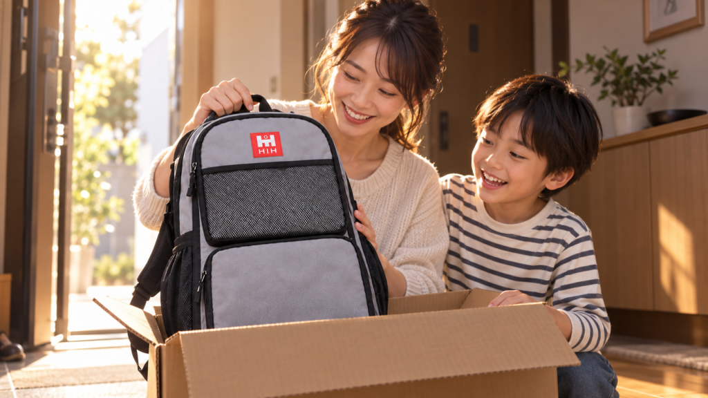 会社から自宅に届いたHIH防災リュックを、親子で受け取って開けているイメージ