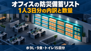オフィスのフロア模型に水・保存食・簡易トイレの備蓄棚が並ぶイメージ
