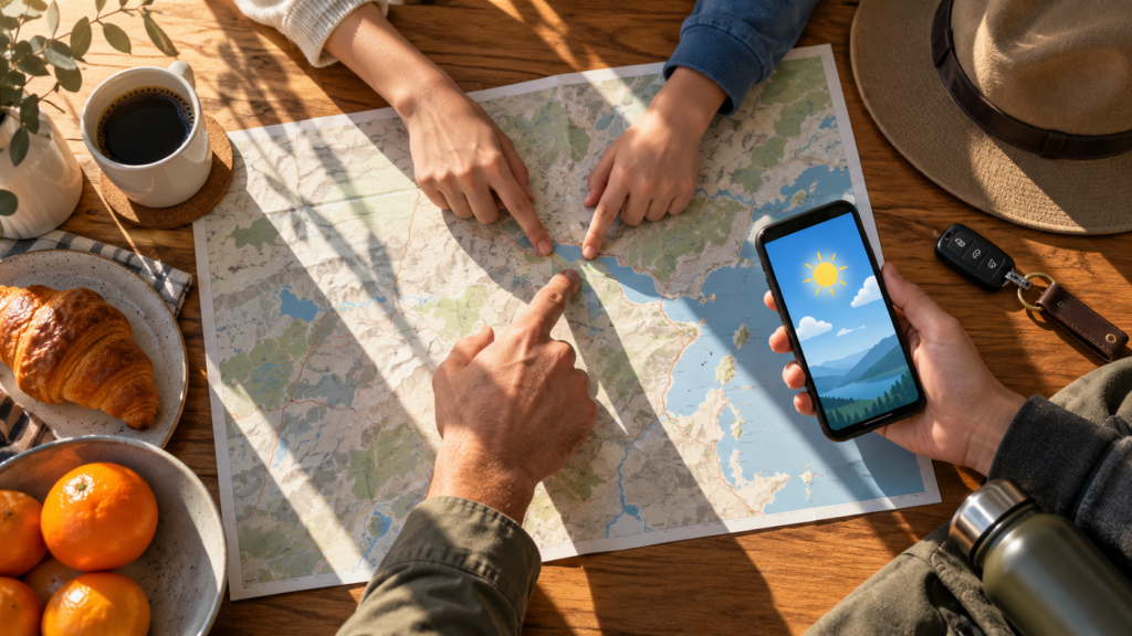 出発前に地図とスマートフォンを囲んで川遊びのルールを話し合う手元のイメージ