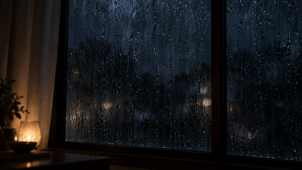 夜の豪雨で外がまったく見えない窓辺を写した、前兆に気づけない状況のイメージ