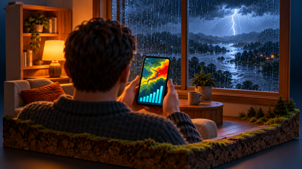 大雨の夜にスマートフォンで水位や危険度の情報を確認する様子のイメージ
