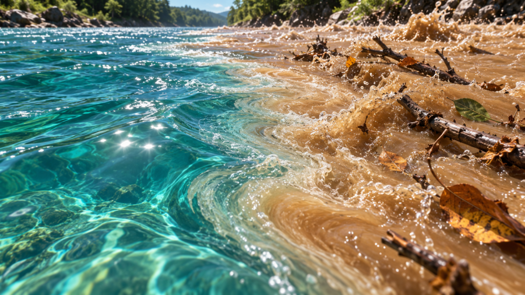 澄んだ水に濁った水と落ち葉や小枝が流れ込む増水のサインを表したイメージ