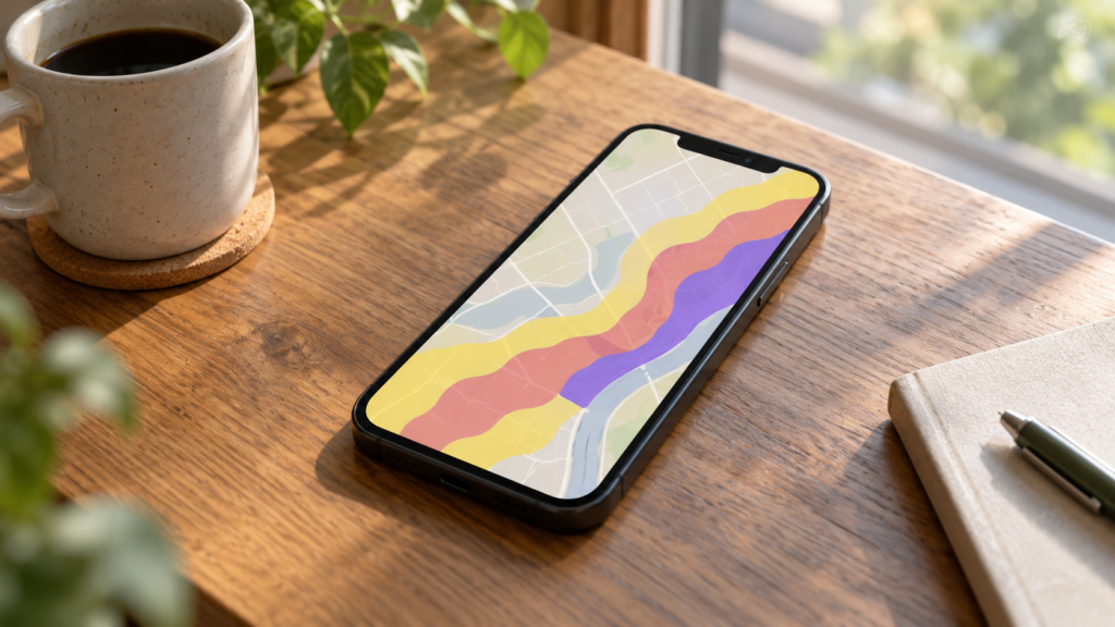 スマートフォンで危険度の色分け地図を確認する様子を表したイメージ