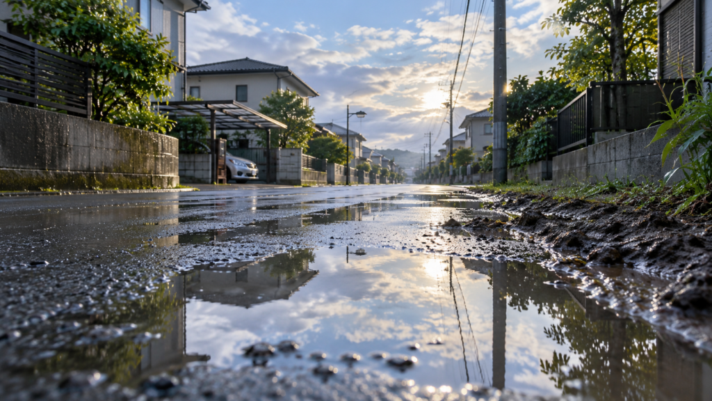雨上がりで空は明るいが地面が濡れたままの道路を写した、解除後も危険が残ることを表すイメージ