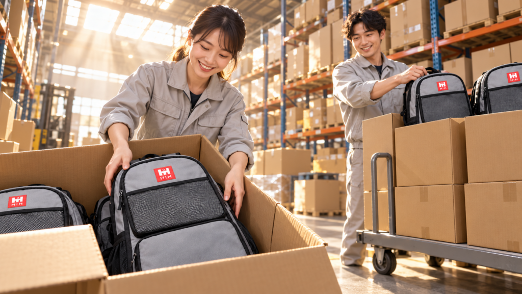 倉庫でHIH防災リュックを箱詰めし、出荷準備しているスタッフのイメージ