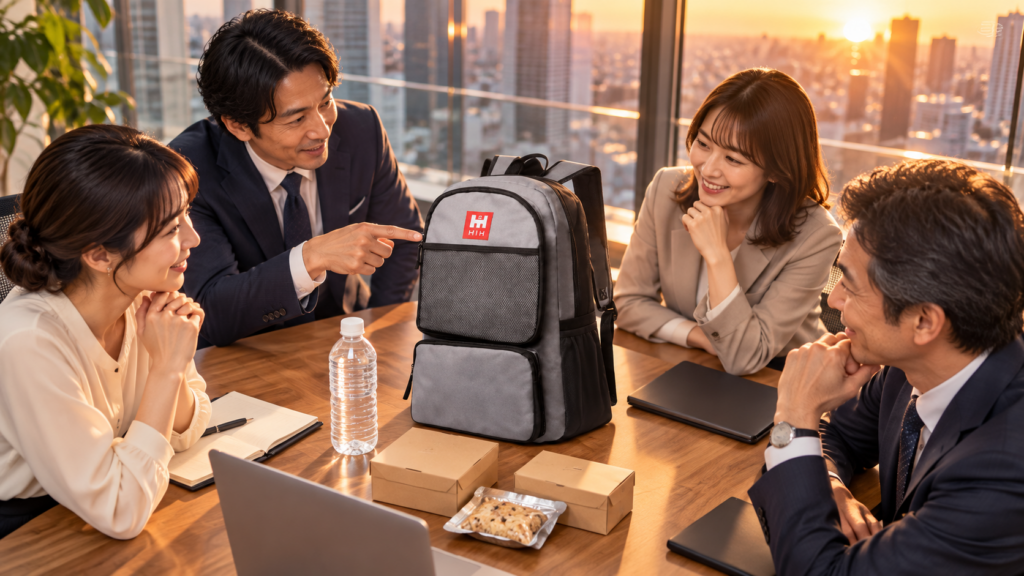 防災セットの見積依頼に向けて、担当者がHIHリュックを横にデスクで必要事項を書き出しているイメージ