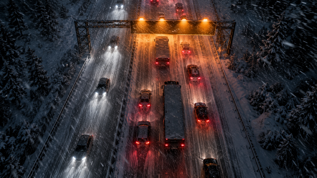 吹雪の夜の高速道路を情報板の光の下で車列が進む様子を見下ろしたイメージ