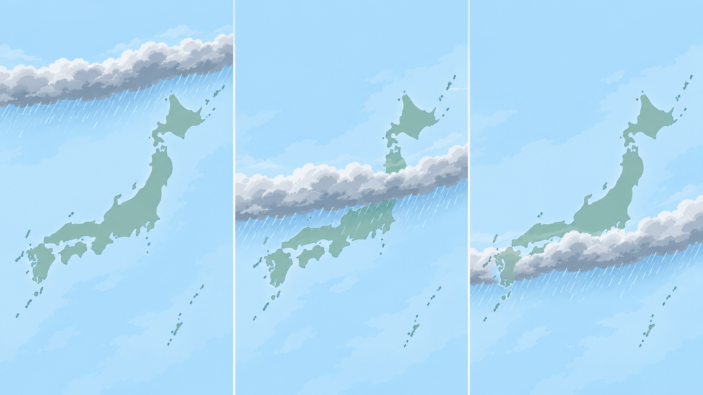 秋雨前線が北から南へ南下していく時期の変化を示した図