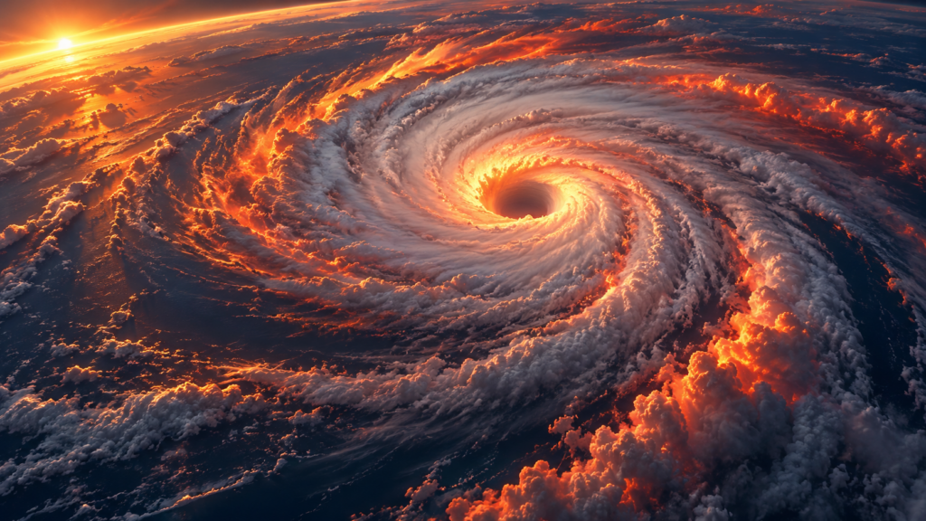 夕日に照らされた大きな台風の渦を宇宙から見下ろしたイメージ