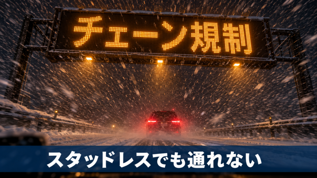 吹雪の夜の高速道路で情報板にチェーン規制の表示が光るイメージ