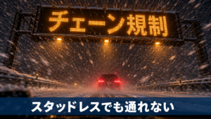 吹雪の夜の高速道路で情報板にチェーン規制の表示が光るイメージ